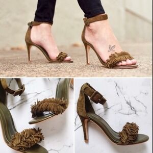 Joie Olive Green Pippi Suede Open Toe Fringe Heels‎ - 5.5/6 & 36 EUR